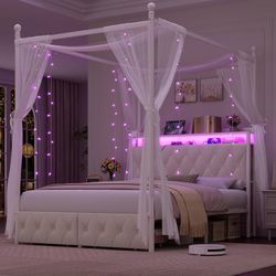 Queen Size LED Canopy Bed Frame with Storage & Charging Station,Beige 4 Removable Posts for Two-Use, Upholstered Button Tufted Storage Headboard w/Boo
