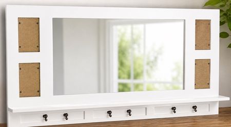 White Entryway Mirror with Shelf and Hooks
