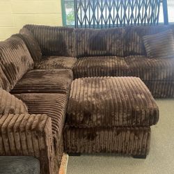 New 99x99 Brown Corduroy Sectional Couch With Ottoman : Free Delivery 