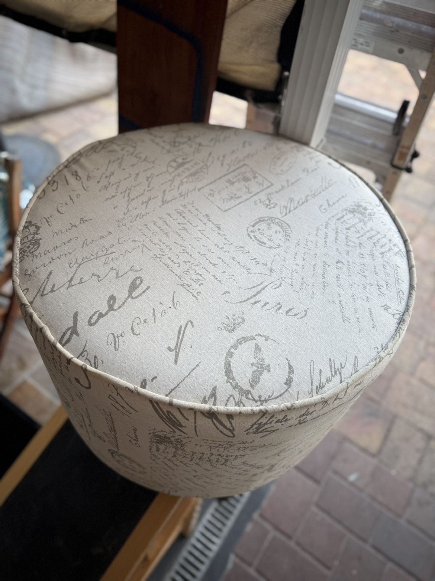 Vintage-Inspired Script Print Storage Ottoman / Accent Stool Boho Style