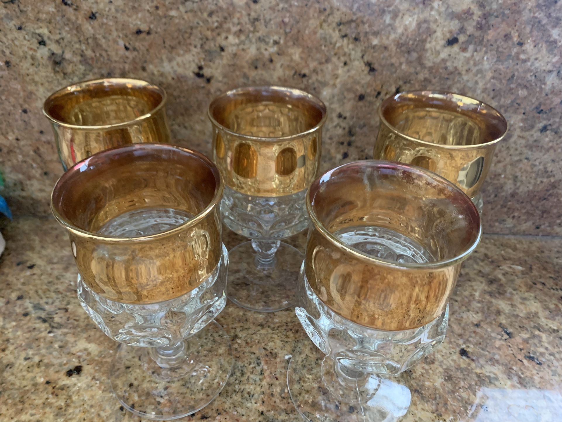 5 VINTAGE GOBLETS! HEAVY, DETAILED AND BEAUTIFUL GOLD IRIDESCENT ACCENT