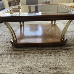 Wooden Coffee Table with Glass Top and Wheels