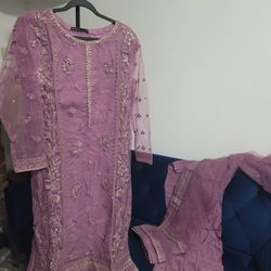 Purple Pink Like Tea Pink Embroidered Dress Set