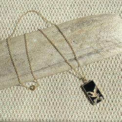 14k Gold Plate Rectangular Embossed Crane on Black Onyx Pendant Dainty 18” Chain