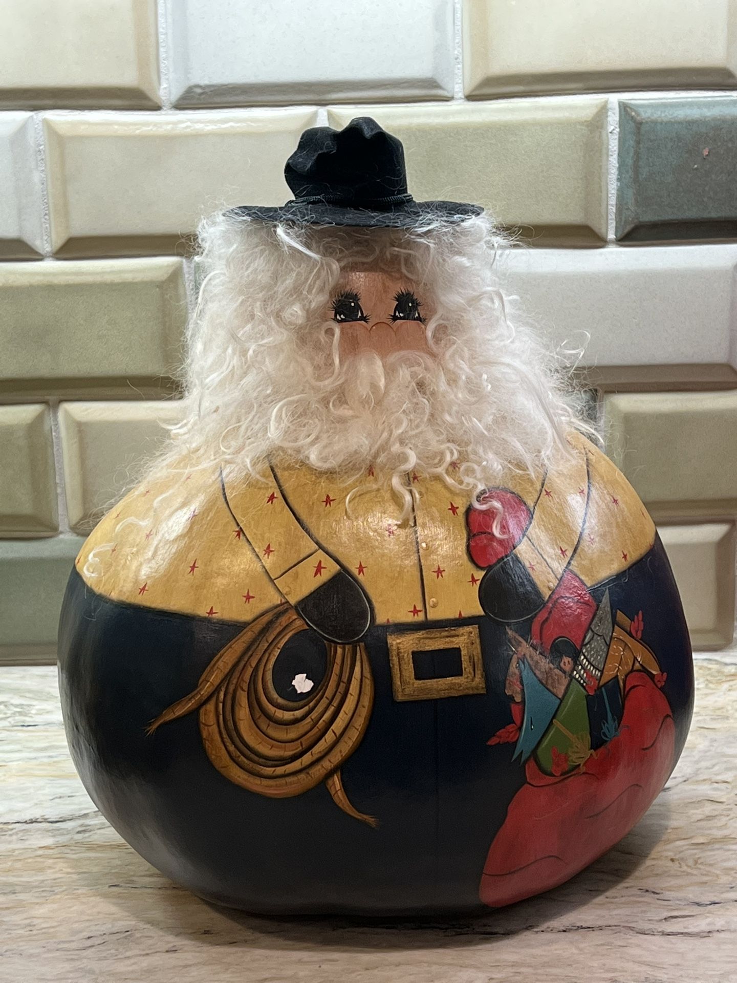 Vintage Cowboy Santa Hand painted gourd