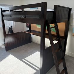 Full Size Dark Cherry Loft Bed and Desk And Mattress