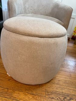 Round Beige Fabric Storage Ottoman