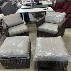 NEW - Outdoor Wicker Patio Set - 2 Chairs & 2 Ottomans w Grey Cushions