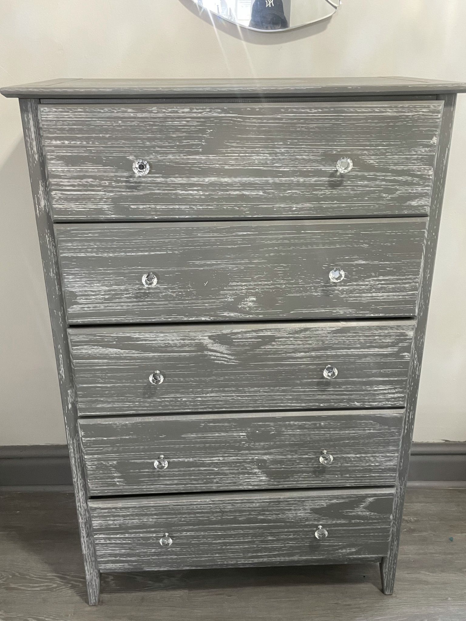 Gray dresser with custom crystal knobs