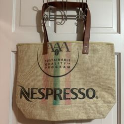 Nespresso Jute Tote Bag Shopper Faux Leather Handles 19"x14" NWOT