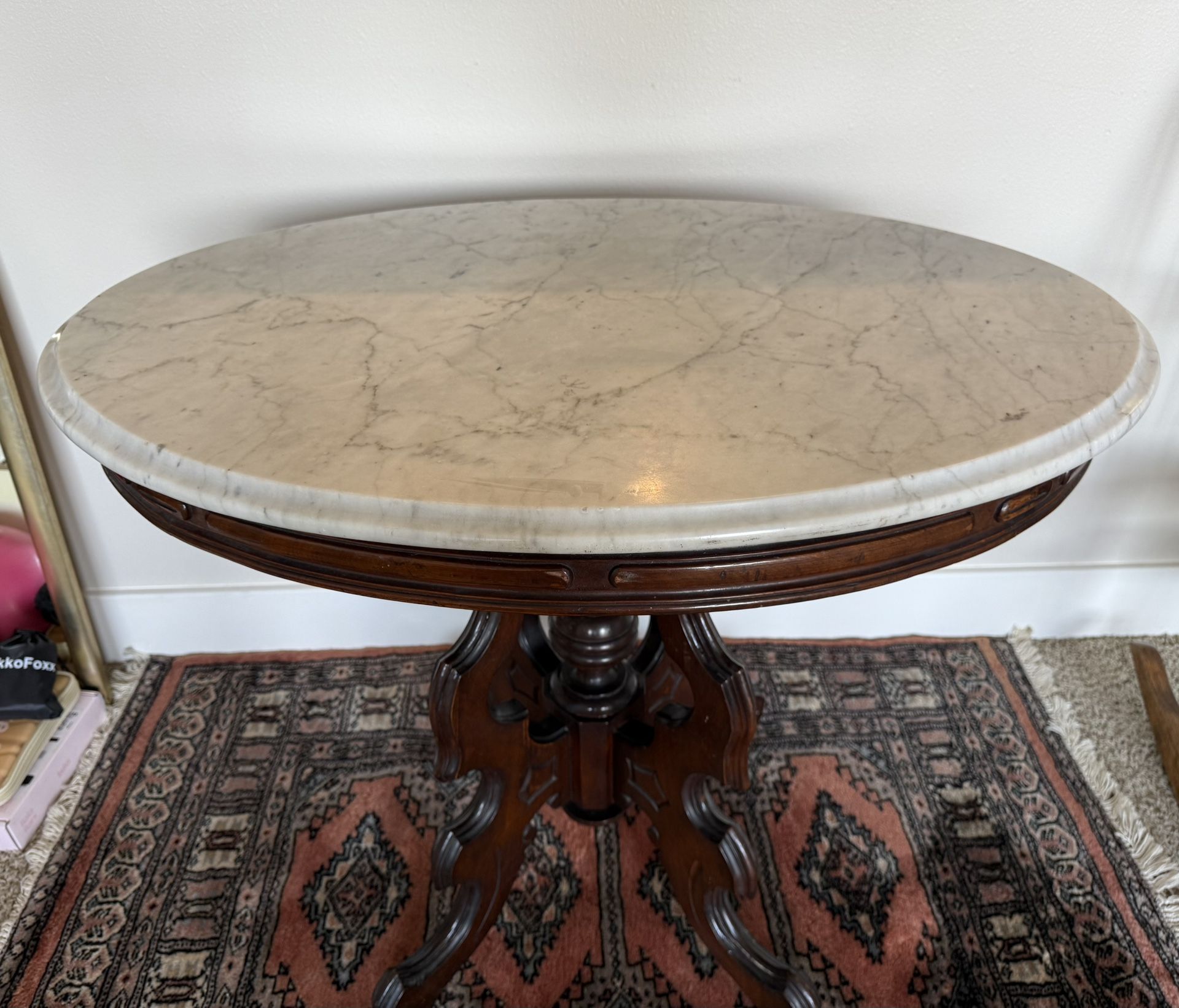 Antique Victorian Oval shaped Marble Top Walnut Parlor Table c. 1862