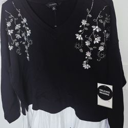 Blusa De Manga Larga Negra Con Blanco Y Adornos Para Mujer Medida Mediana 