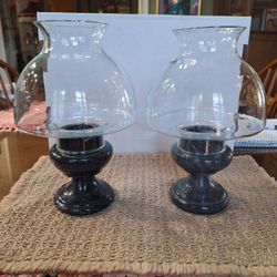 PAIR of Heavy Marble Pillar Candle Holders With Glass Hurricane Shades