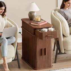 Assembled Fluted End Table with Charging Station, Narrow Side Table with Drawers, Wood Skinny Nightstand with Storage, Mid-Century Modern Bedside Tabl