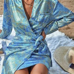Blue Gold Mandala Wrap Dress S(4)Size