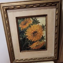 Vintage Signed Oil Painting – Yellow Flowers – Heavy Impasto Brushwork – Framed