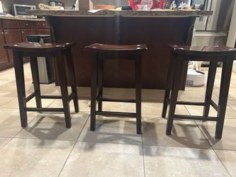 Set of 3 Dark Wood Saddle Bar Stools