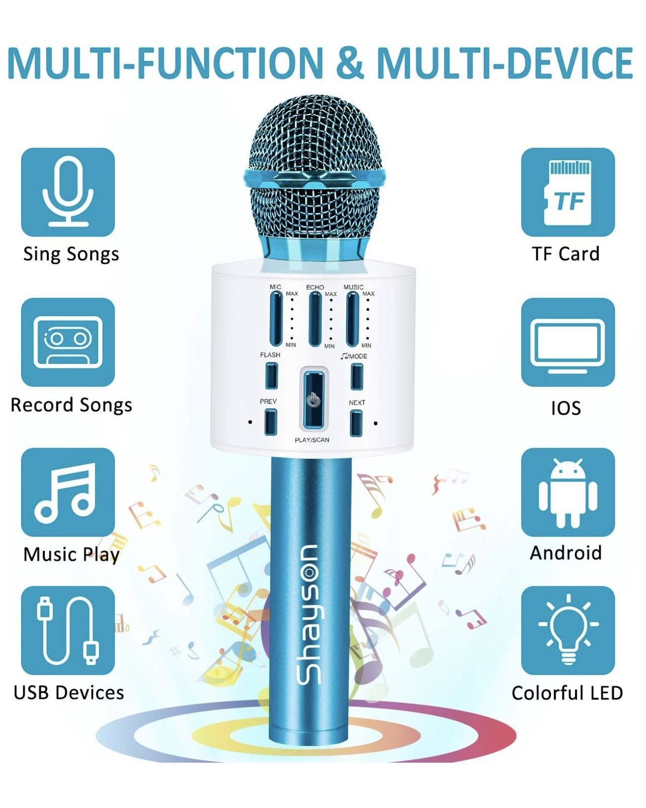 Wireless Karaoke Microphone, Bluetooth Microphone with LED Lights, 3 in 1 Portable Handheld Speaker Machine for Kids & Adults, Karaoke Microphone for