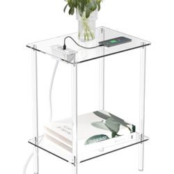 Acrylic Side Table with Charging Station & USB Ports - Small Nightstand Bedside Table End Table for Living Room, Bedroom - 15.7'' L x 11.8'' W x