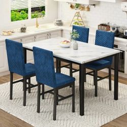 A035-h05 Lamerge Dining Table Set for 4, Kitchen Table and Chairs Set of 4, Faux Marble Dining Room Table Set with 4 Upholstered Velvet Chairs for Hom