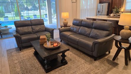 Gray Leather Power Reclining Sofa and Loveseat Set