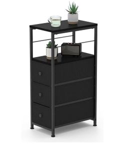 Side Table with 3 Fabric Drawers, Slim Dresser with Open Shelves, Slim Bedside Table for Bedroom, Small Spaces, Black
