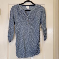 Motherhood Maternity Shirt 3/4 Roll Sleeve Size Large Blue Burn Out V Neck Top