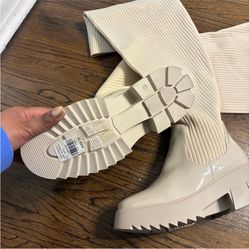 Cream Knit over the knee boots