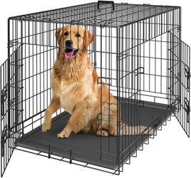42 Inch Dog Crates Double Door Folding Metal Pet Kennel Wire Cage w/ Tray