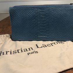 Christian Lacroix Clutch Teal Blue Genuine Leather Crocodile Grain 12”x6”
