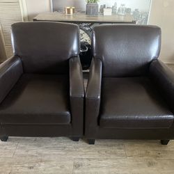 Faux Brown Leather Armchairs