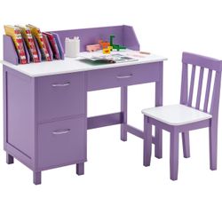 Kids Desk and Chair Set, Children Wooden School Learning Table w/Drawer & Storage Cabinets, Student Writing Computer Workstation for Bedroom & Study R