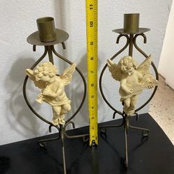 Juego Candelabros Bronce Angeles Antiguos 