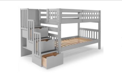 Gray Twin Wooden Bunk beds with Stairway & Drawers