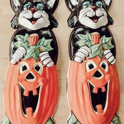 Vintage 1977 Artform Ind. Cat on Pumpkin Vacuform Halloween Plastic Decor Display Jack O Lantern