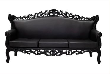 Black Rococo Style 3-Seater Sofa – Ornate Carved Wood