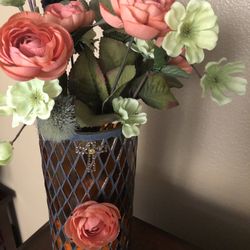 Glass Vase With Decor Vase. Silk Flowers In The Vase