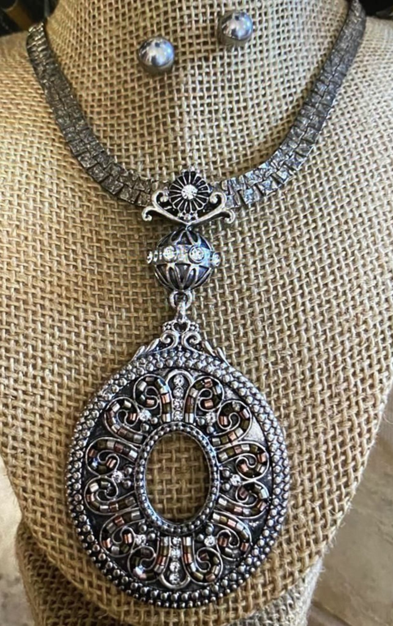 Juego Collar Cadena Stainless Dije Piedras Joyería Antigua 