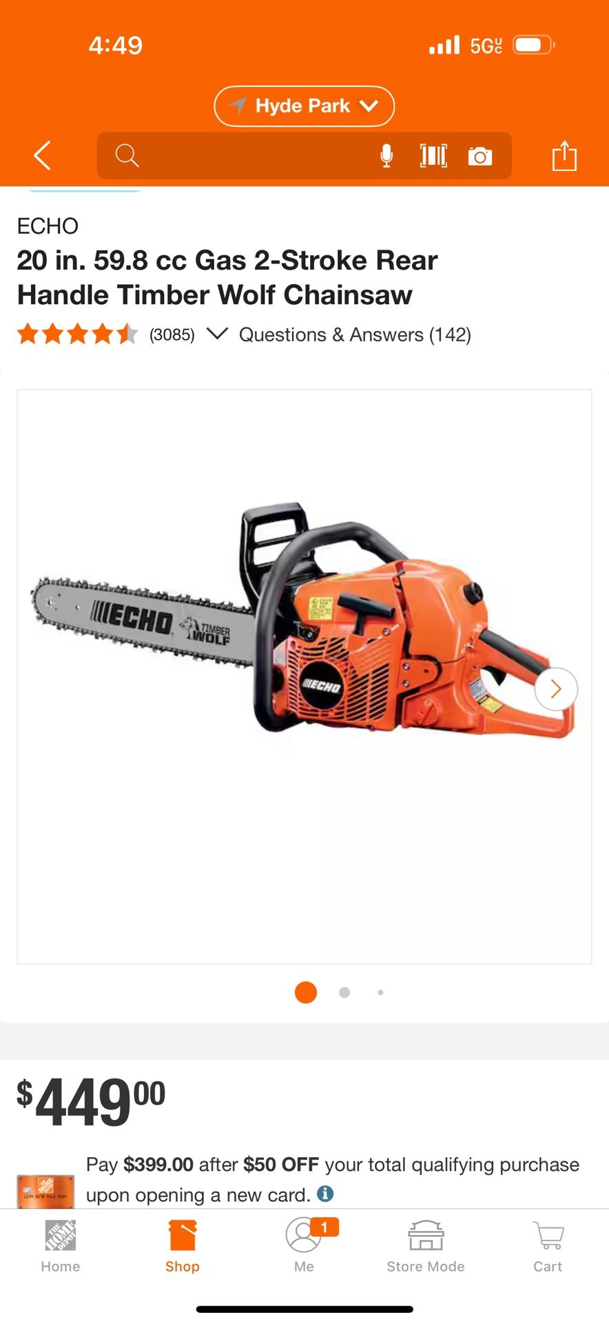 20 in. 59.8 cc Gas 2 Stroke Rear Handle Timber Wolf Chainsaw