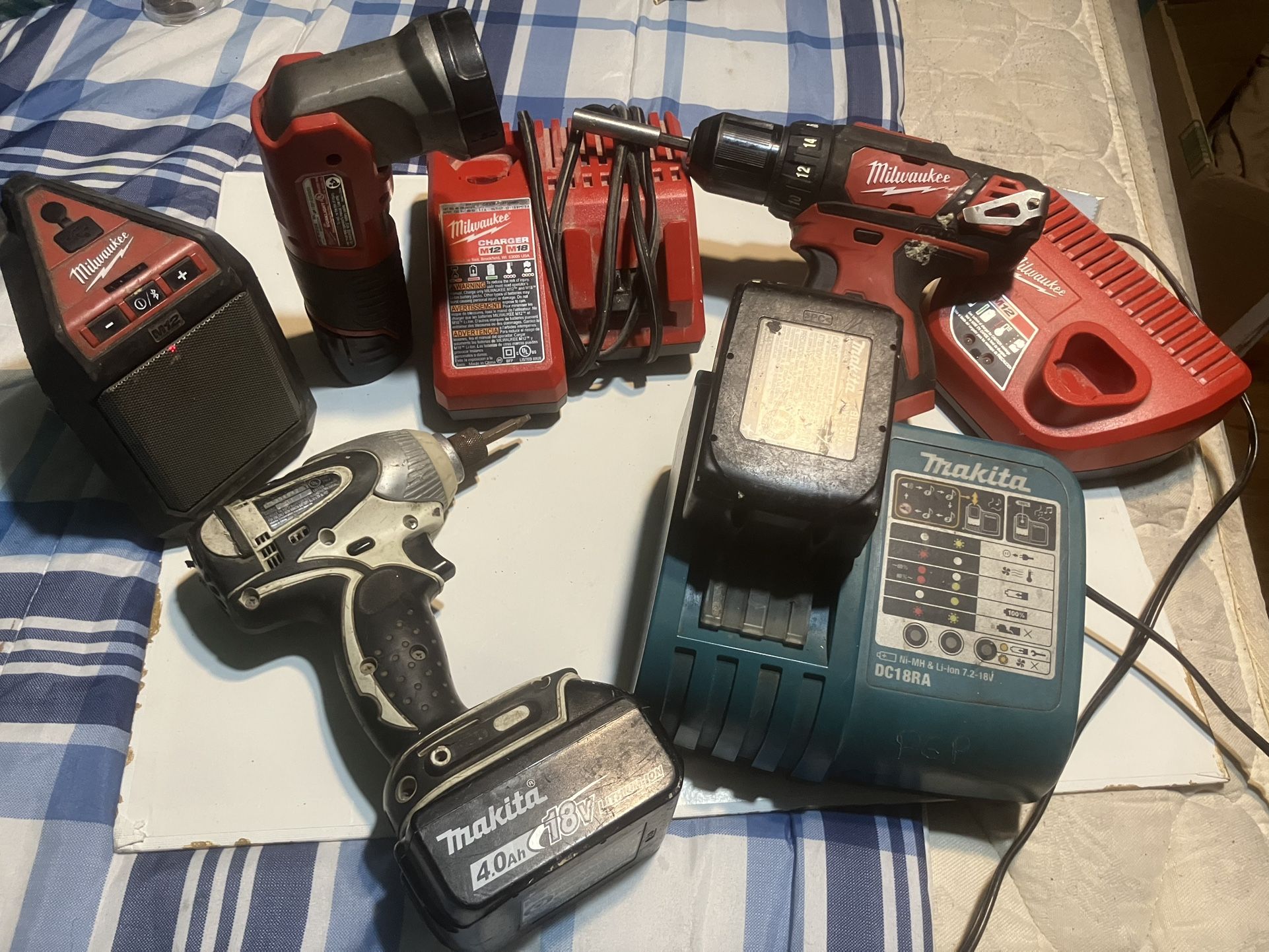 Milwaukee:Drill, Flash Light, M12 Bluetooth Speaker, 2 Batteries And 2 Chargers /Makita Drill And Charger 