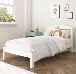 Kids Modern Twin Size Wooden Platform Bed Frame With Headboard Off White