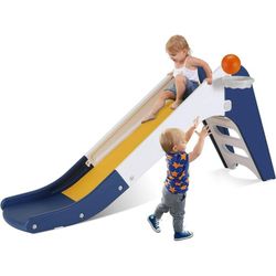 3 in 1 Toddler Slide, Kids Slide Climber Playset with Basketball Hoop, Indoor Outdoor Playground Slide with Extra Long Slipping Slope for Boys & Girls