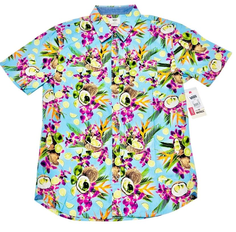 Vans Corley Button Up Shirt Large Blue Tropical Limes Coconuts Palms Hawaiian