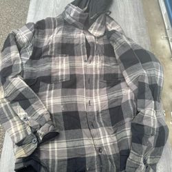 men's gray and black plaid hooded flannel shirt jacket Size XL