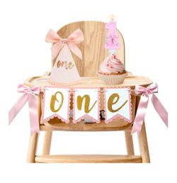 First Birthday Decorations for Girl - Pink Bow Complete Party Set with High Chair Banner, 1st Birthday Candle, Party Hat (Glitter One)