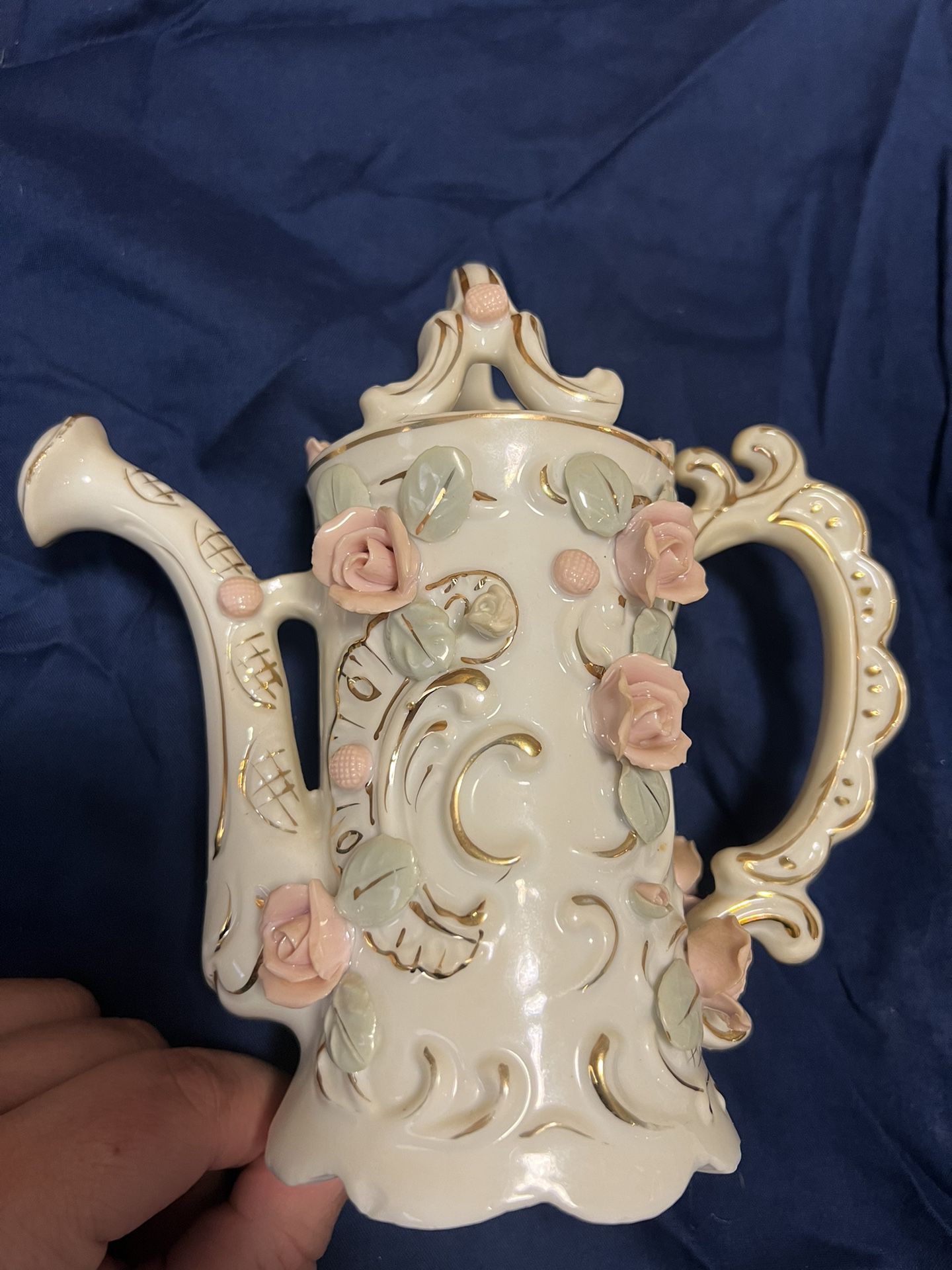 Vintage Bone China Flower Watering Can with Gold Trim pink rose 6.5" 