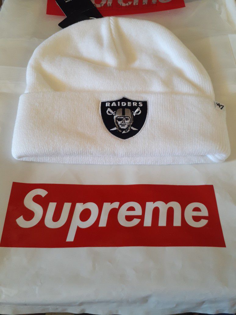 Supreme Raiders Beanie. White, Black And Gray One Size Fits All