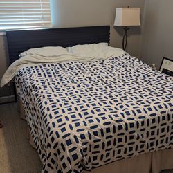 Queen Bed (barely used mattress, box, spring, headboard, bed frame, bedding, and bed skirt)