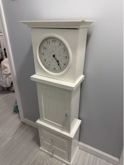 White Farmhouse Grandfather Clock with Storage Cabinets & Drawers 46.5"H × 16"W x 8”D