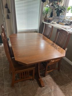 Mission Style Solid Wood Table w/2 leafs + 6 Chairs